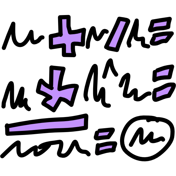 a bunch of black scribbles broken up by mathematical functions outlined in black and filled in purple. The notation falls roughly in 3 rows with an equals sign at the end of each one. Except for the final row, where after the equals is a circled scribble.